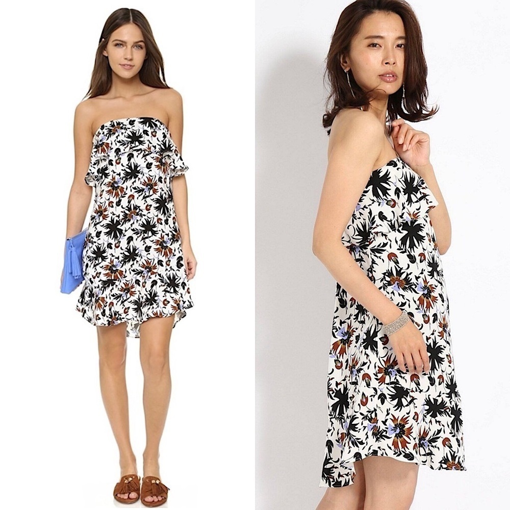 ALC Silk Floral Print Strapless Ruffle Bodice Flounce Hem Shift Mini Dress 0